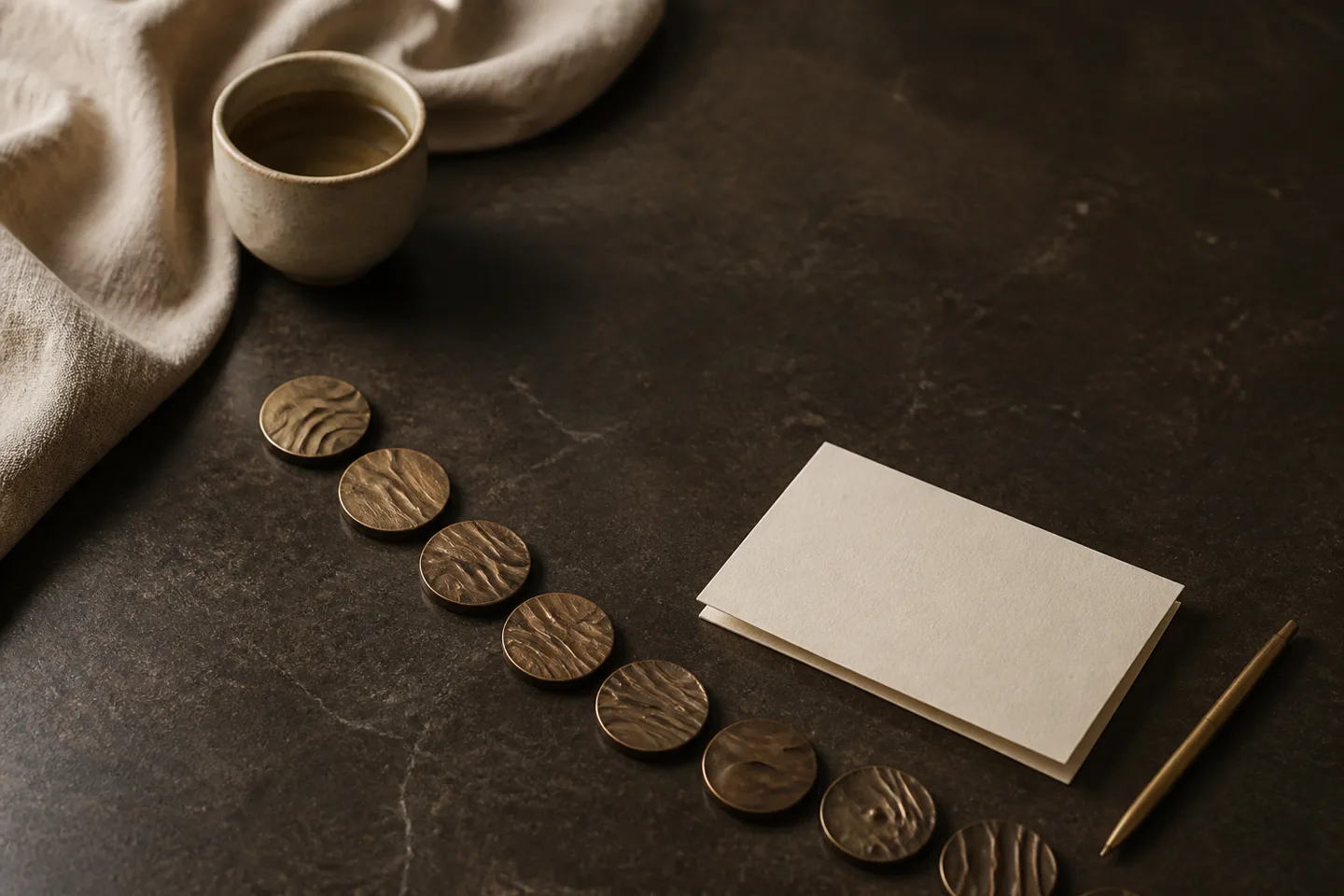 Eight sculptural bronze markers arranged beside a blank ivory appointment card