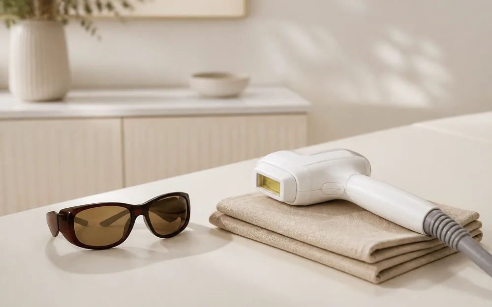 Laser consultation equipment prepared with protective eyewear and clean linens