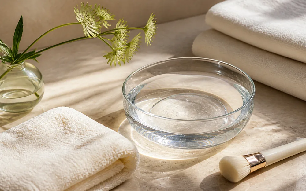 Facial consultation setting with clean towels, water, and a soft brush