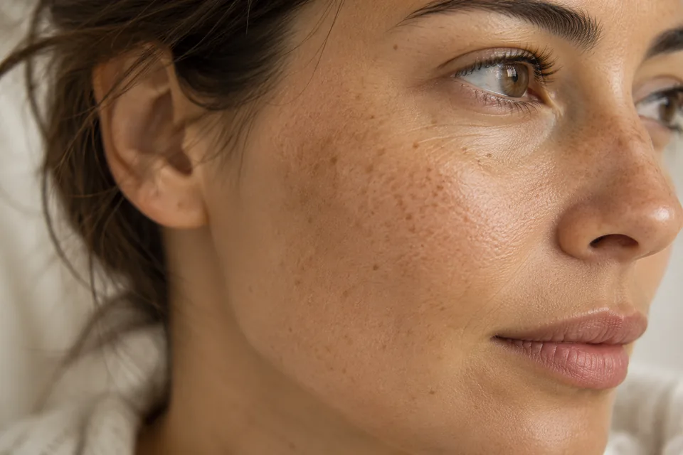 Close-up of a naturally freckled cheek