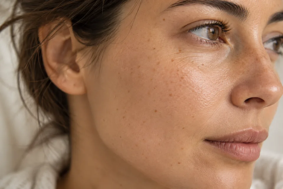 Generated simulation of reduced cheek pigmentation; not a client result