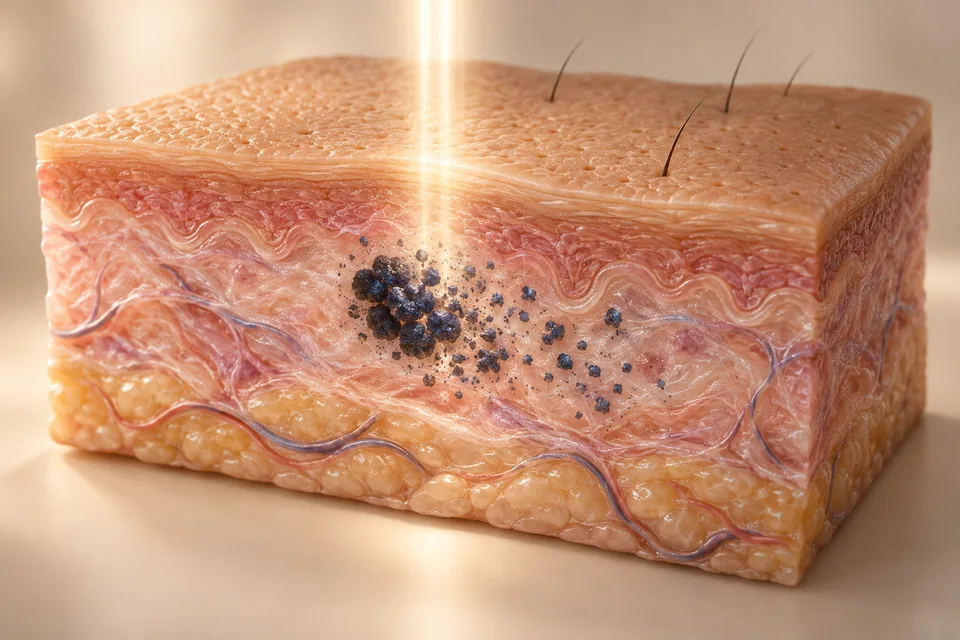 Conceptual 3D skin cutaway showing light interacting with pigment beneath the surface and smaller pigment fragments
