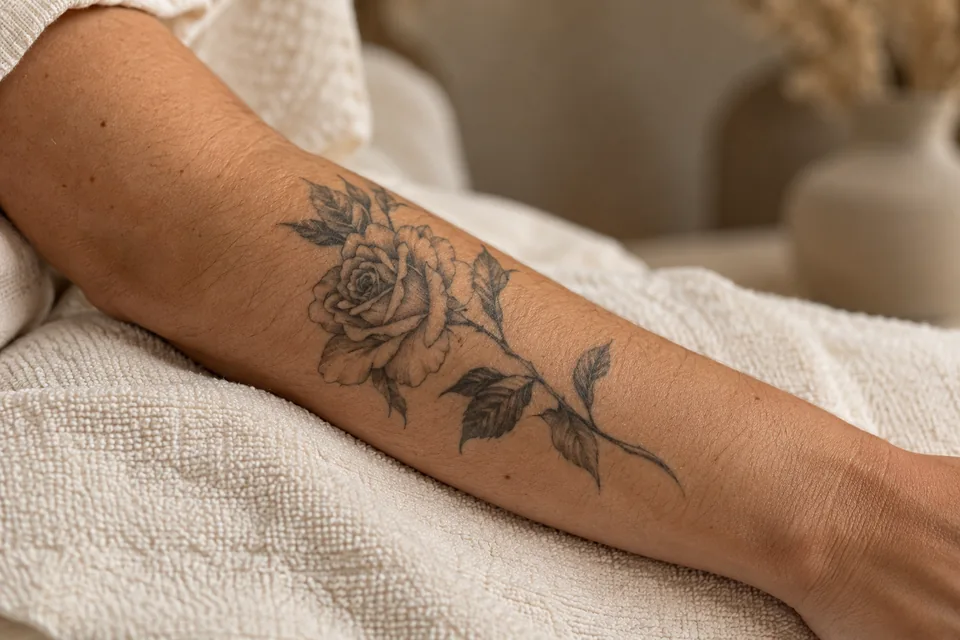 Tattooed forearm resting on a linen towel