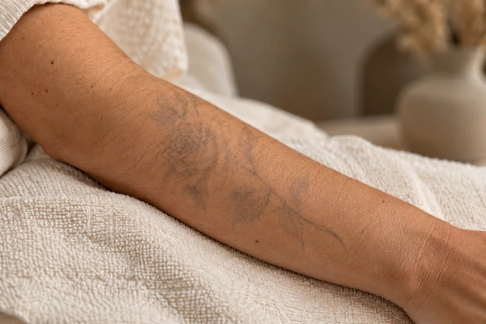 Generated simulation of reduced tattoo pigment; not a client result