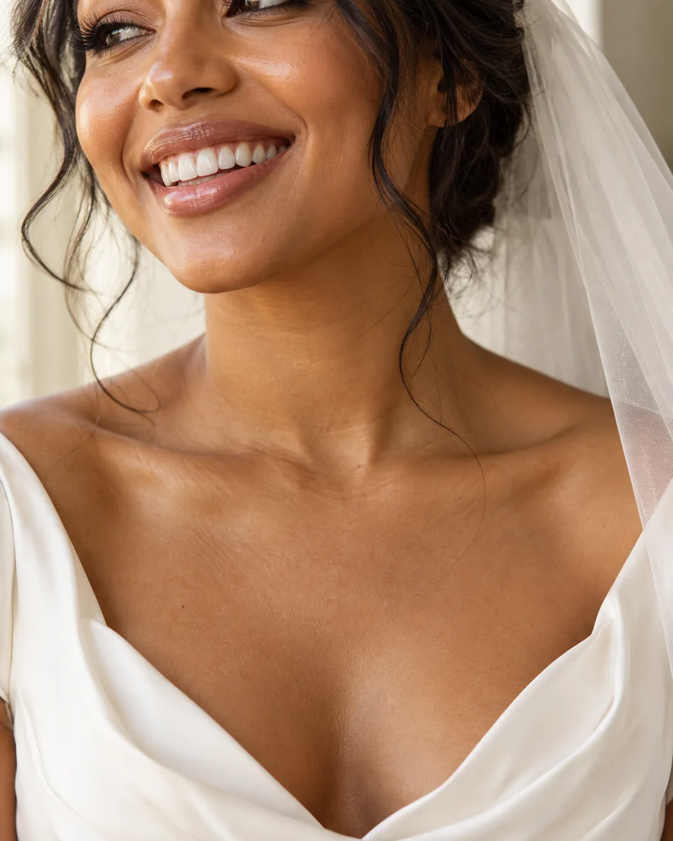Bridal editorial portrait with an ivory veil and natural smile