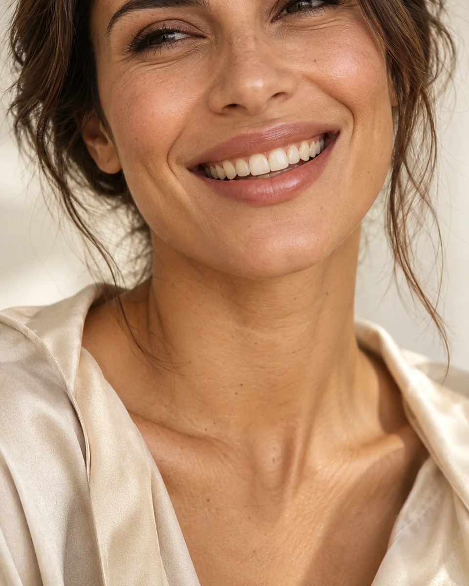Editorial close-up of a natural smile in soft daylight